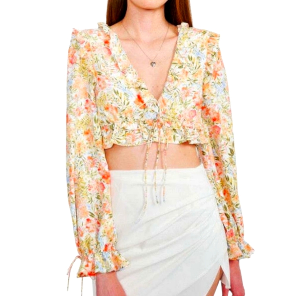 Emory Park Pink and Yellow Puff Sleeve Crop Blouse Size Large